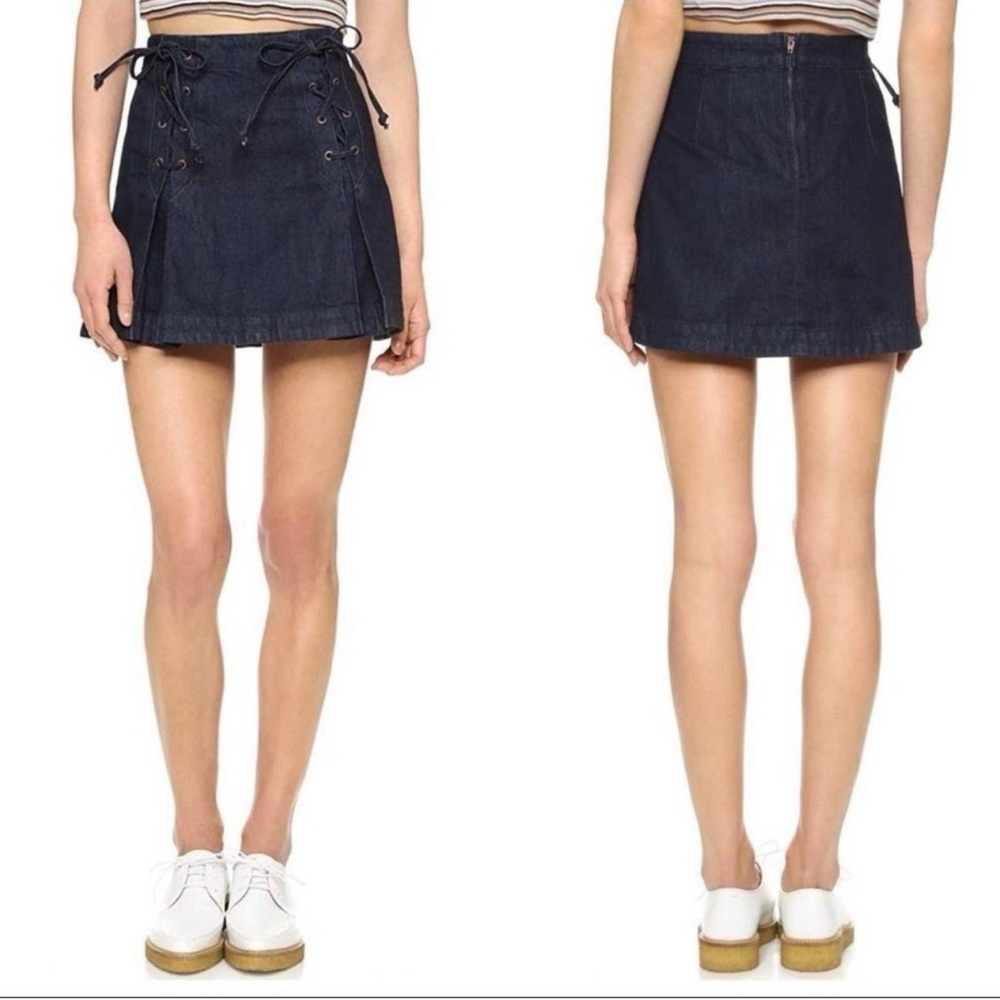 Free People Lace Up Pleated‎ Boho Dark Wash Denim Jean Mini Skirt Y2K